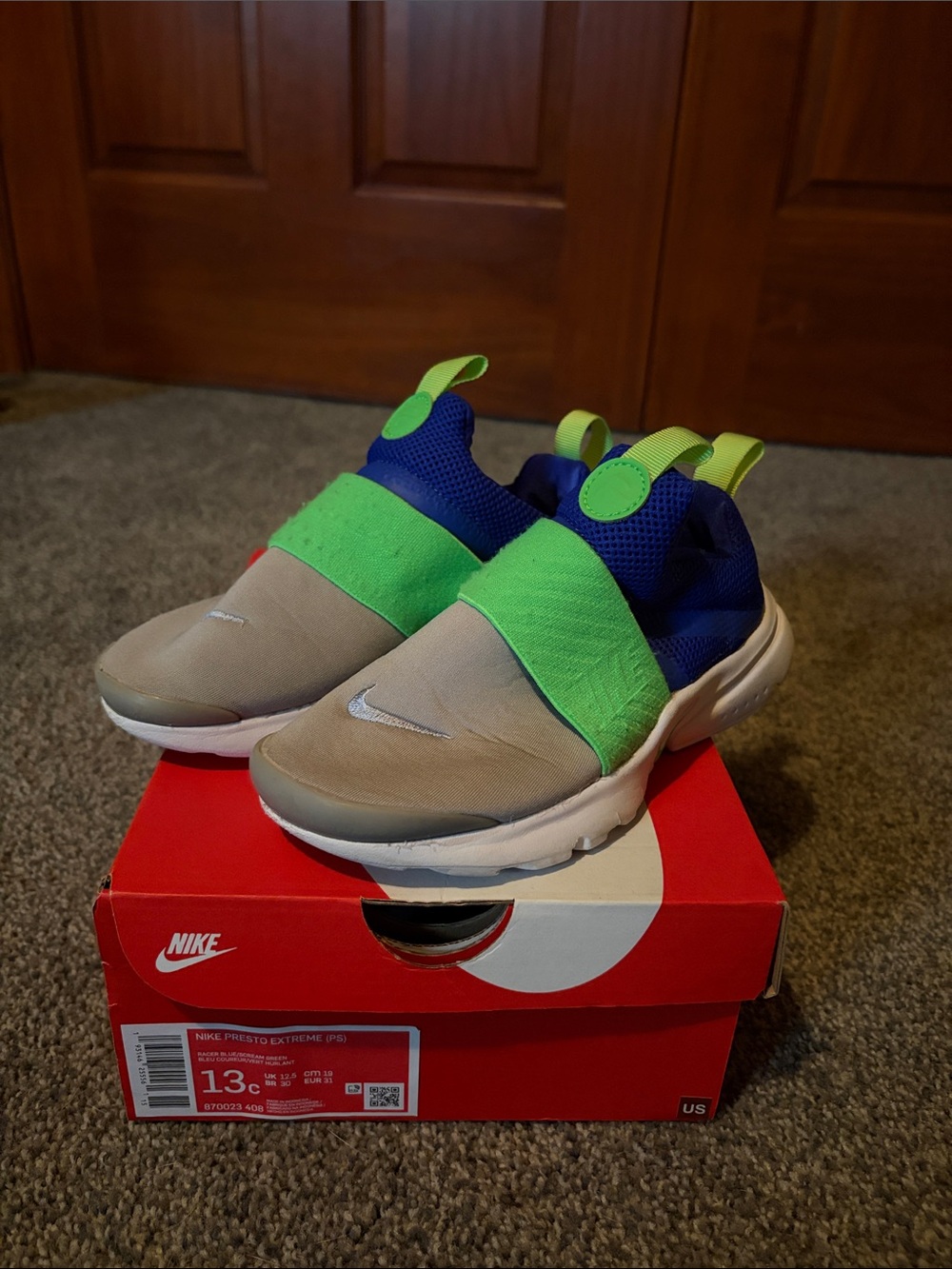 Nike Kids Slip-On Sneakers in Grey, Blue & Neon Green